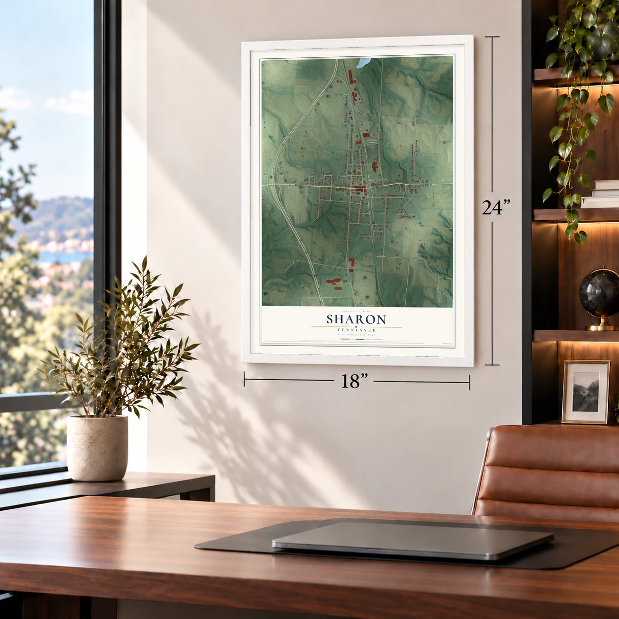 Sharon, Tennessee map, 18 x 24 inch print in a white frame in a home office