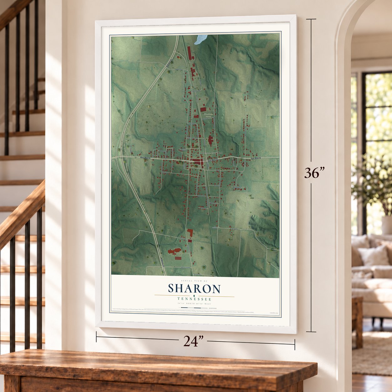 Sharon, Tennessee map, 24 x 36 inch print in a white frame by a staircase