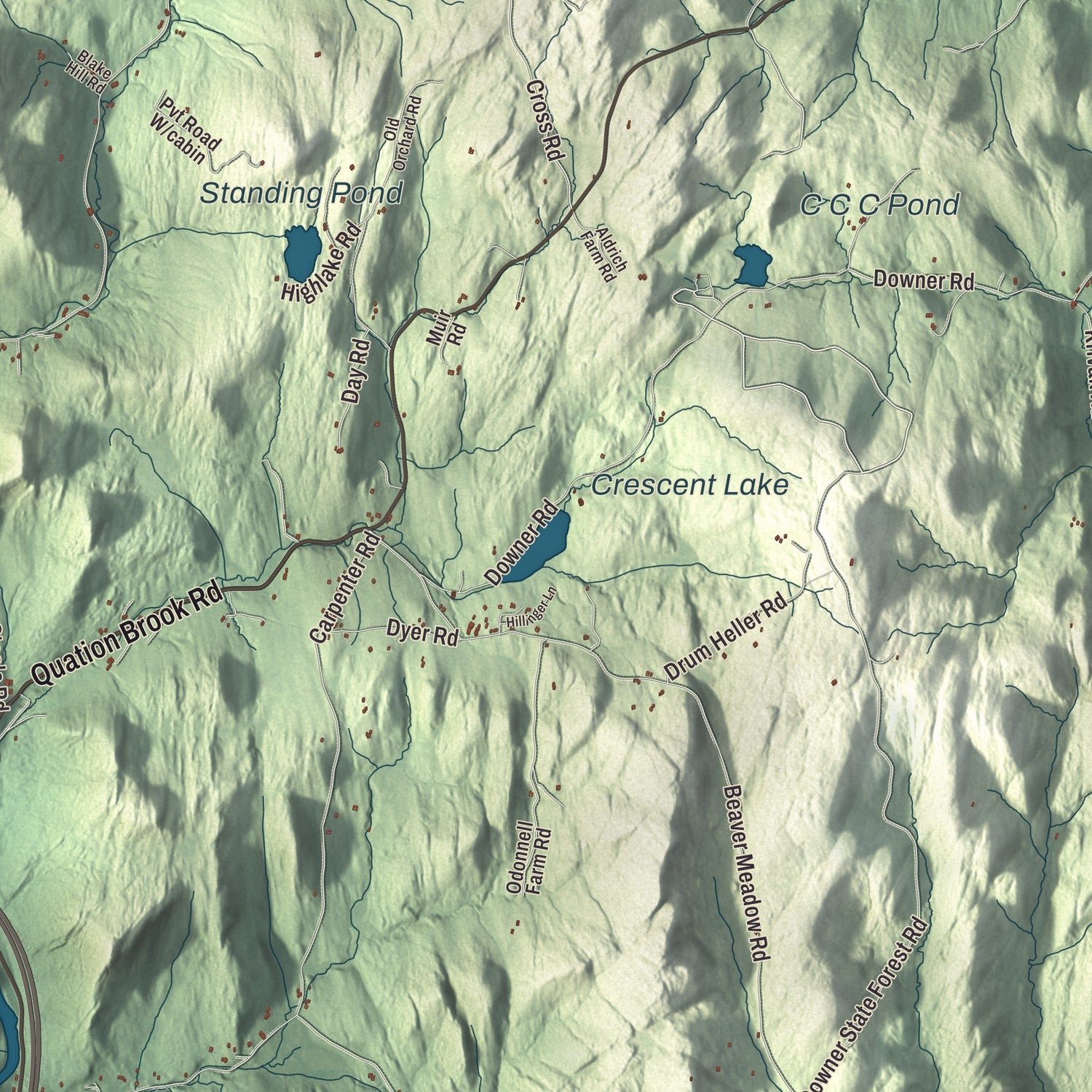 Close-up of the map of Sharon, Vermont print showing terrain and local geography
