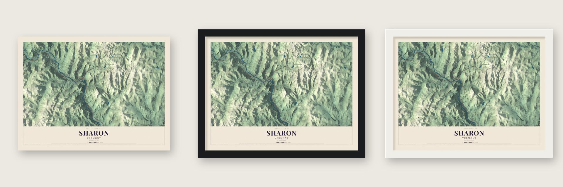 Sharon, Vermont map unframed, in a black wood frame and in a white wood frame
