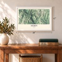 Sharon, Vermont map, 12 x 18 inch print in a white frame in an entryway