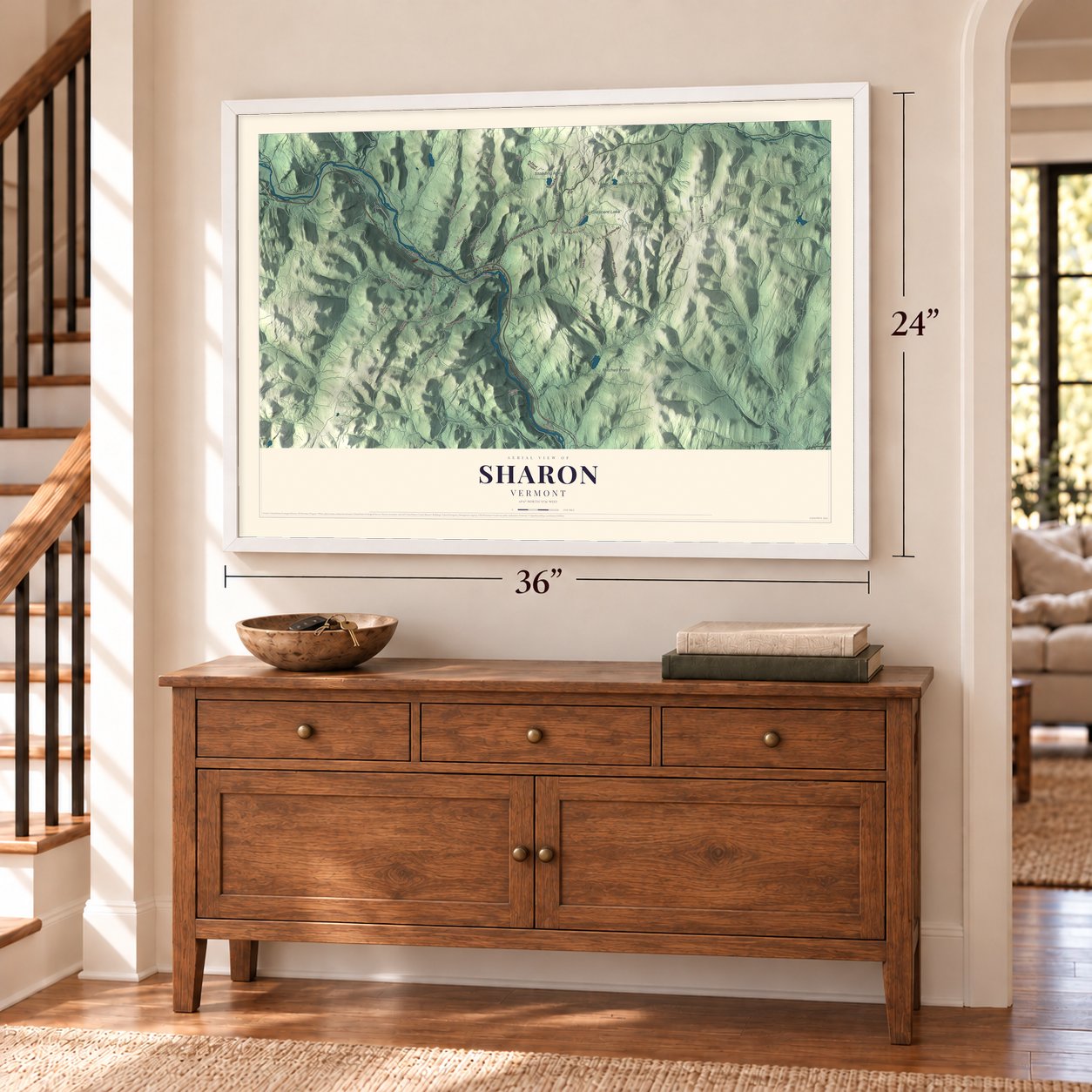 Sharon, Vermont map, 24 x 36 inch print in a white frame above a dresser by a staircase