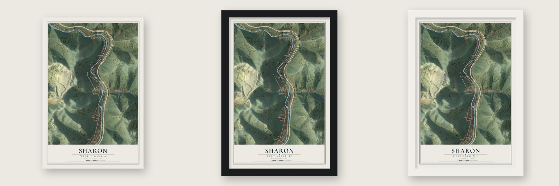 Sharon, West Virginia map unframed, in a black wood frame and in a white wood frame