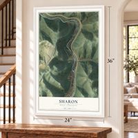 Sharon, West Virginia map, 24 x 36 inch print in a white frame by a staircase