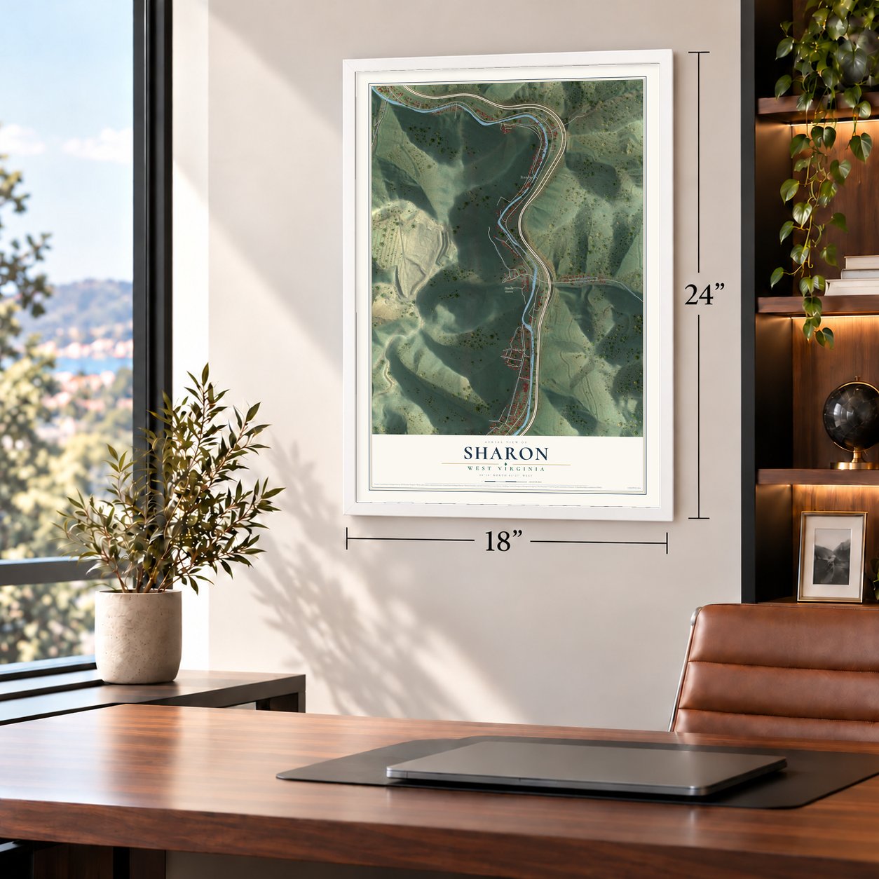 Sharon, West Virginia map, 18 x 24 inch print in a white frame in a home office