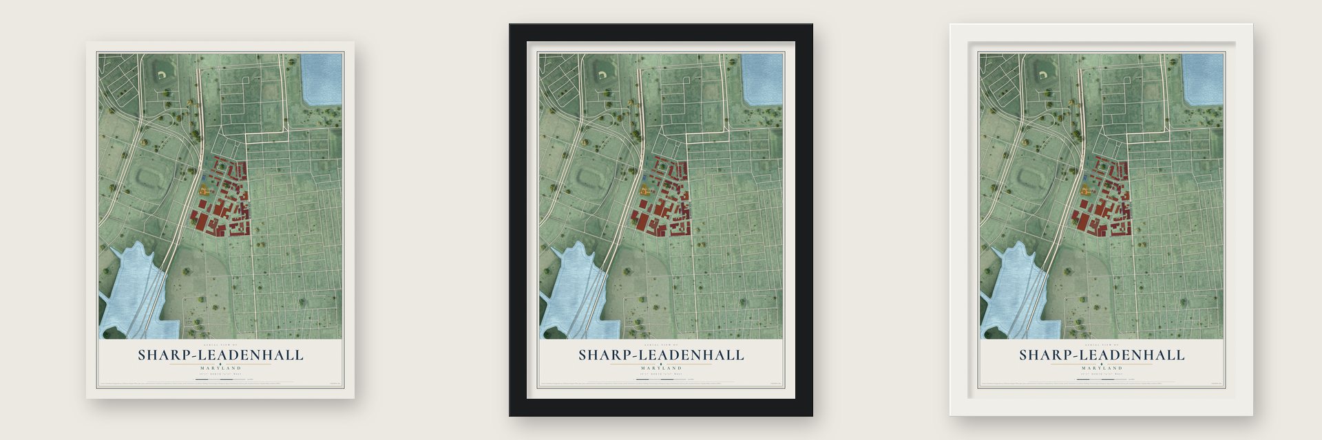 Sharp-Leadenhall, Maryland map unframed, in a black wood frame and in a white wood frame