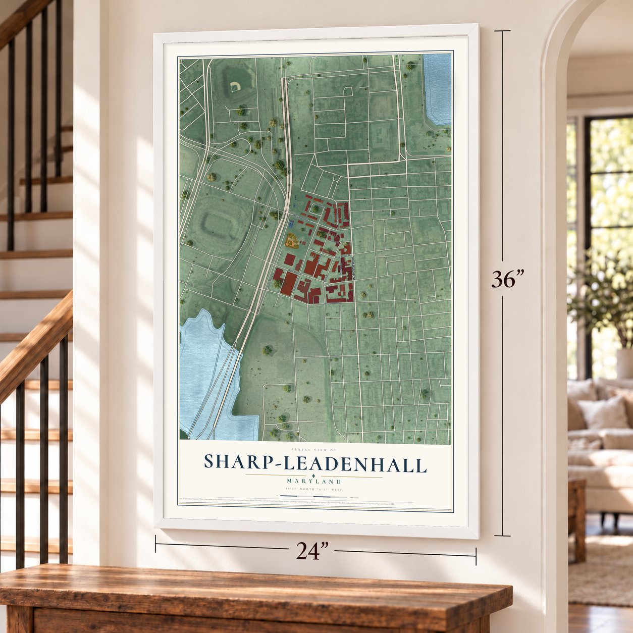 Sharp-Leadenhall, Maryland map, 24 x 36 inch print in a white frame by a staircase