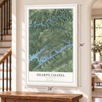 Sharps Chapel, Tennessee map, 24 x 36 inch print in a white frame by a staircase