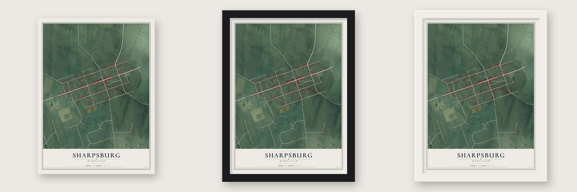 Sharpsburg, Maryland map unframed, in a black wood frame and in a white wood frame