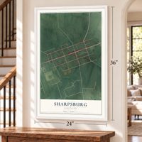 Sharpsburg, Maryland map, 24 x 36 inch print in a white frame by a staircase