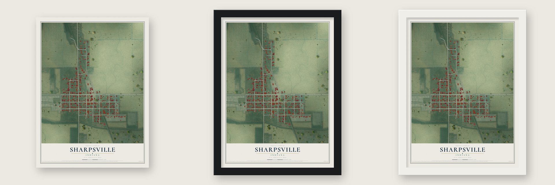 Sharpsville, Indiana map unframed, in a black wood frame and in a white wood frame
