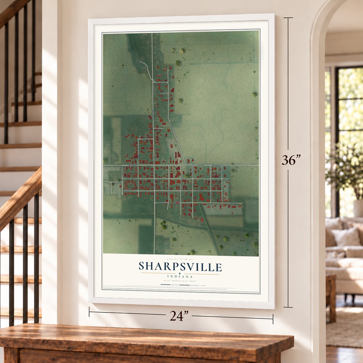 Sharpsville, Indiana map, 24 x 36 inch print in a white frame by a staircase