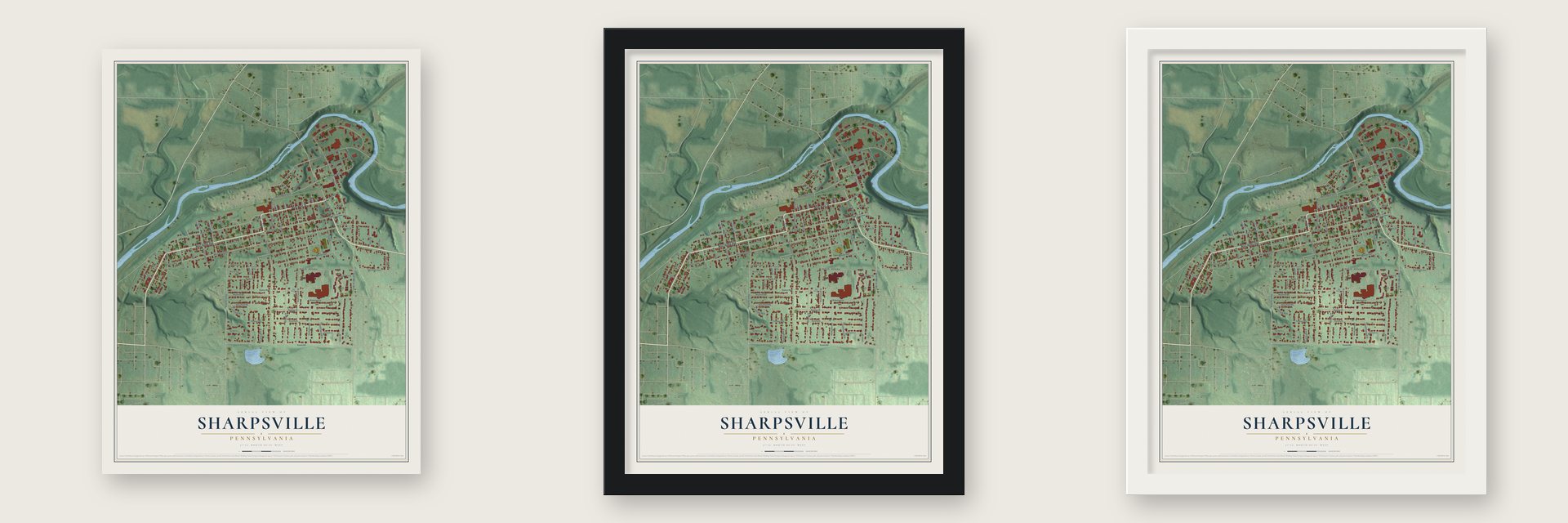 Sharpsville, Pennsylvania map unframed, in a black wood frame and in a white wood frame