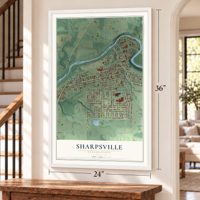 Sharpsville, Pennsylvania map, 24 x 36 inch print in a white frame by a staircase