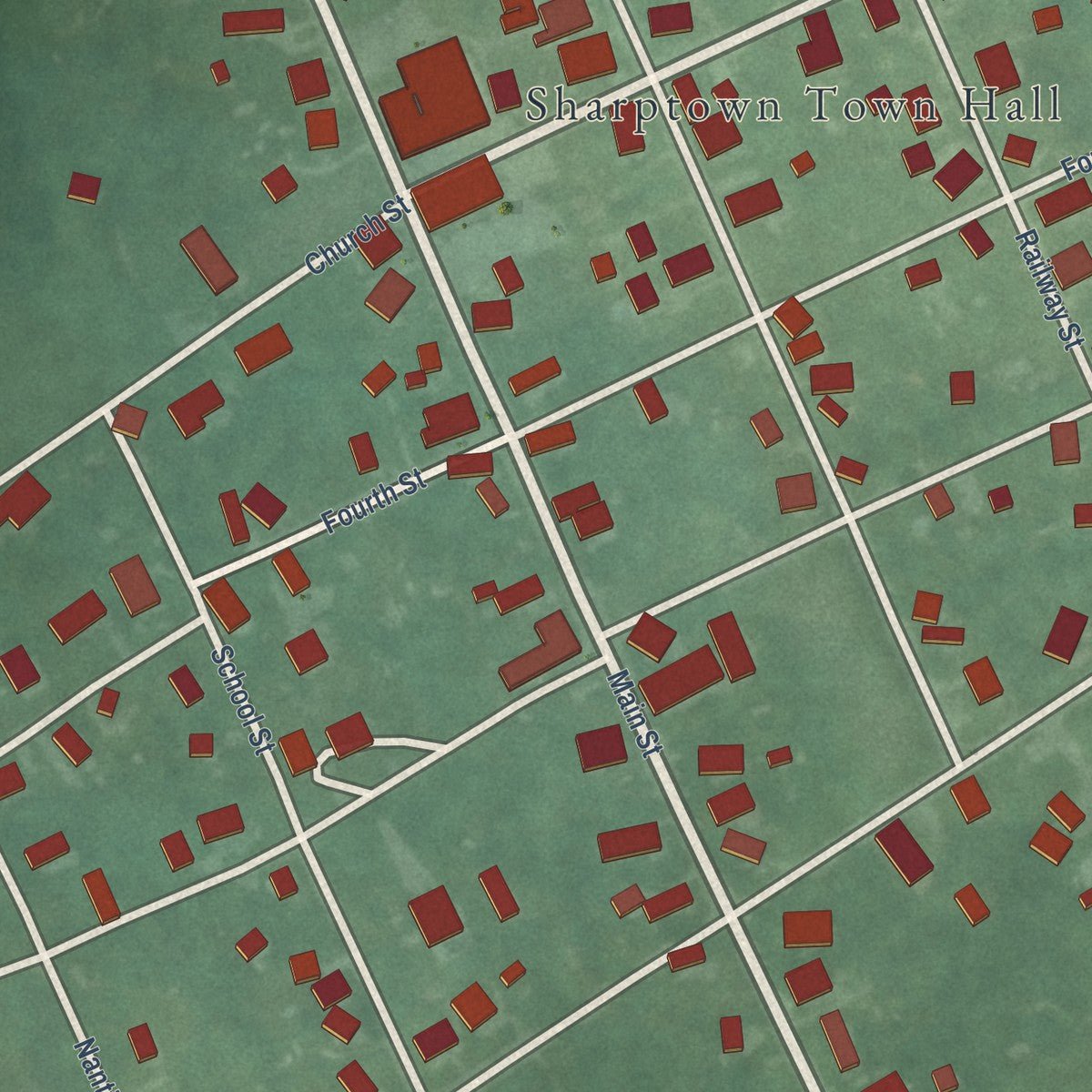 Second close-up of the map of Sharptown, Maryland print showing more streets and buildings