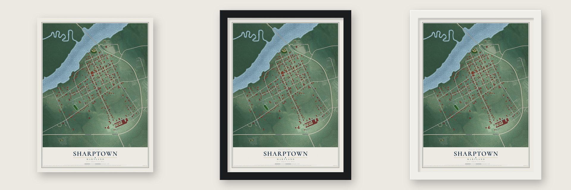 Sharptown, Maryland map unframed, in a black wood frame and in a white wood frame