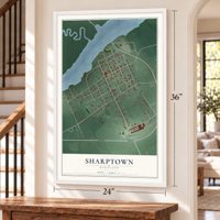 Sharptown, Maryland map, 24 x 36 inch print in a white frame by a staircase