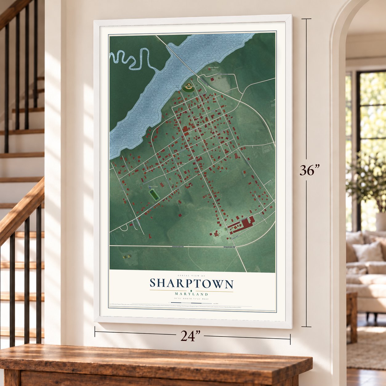 Sharptown, Maryland map, 24 x 36 inch print in a white frame by a staircase