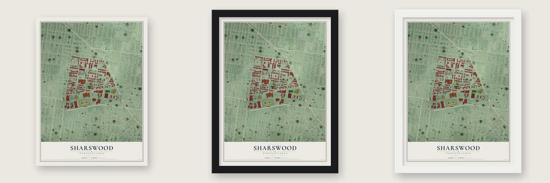 Sharswood, Pennsylvania map unframed, in a black wood frame and in a white wood frame