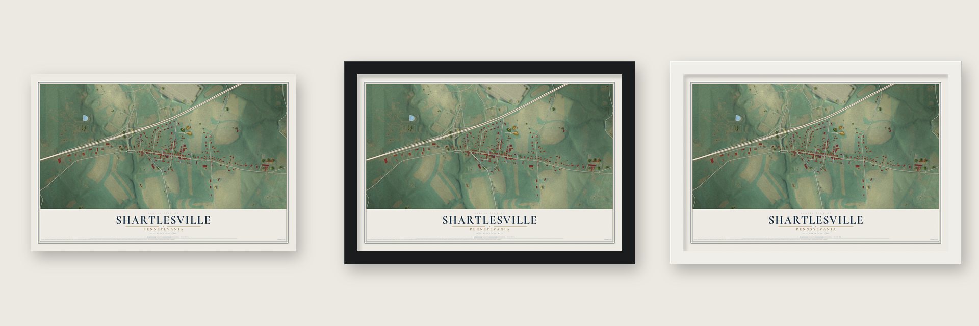 Shartlesville, Pennsylvania map unframed, in a black wood frame and in a white wood frame