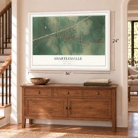 Shartlesville, Pennsylvania map, 24 x 36 inch print in a white frame above a dresser by a staircase