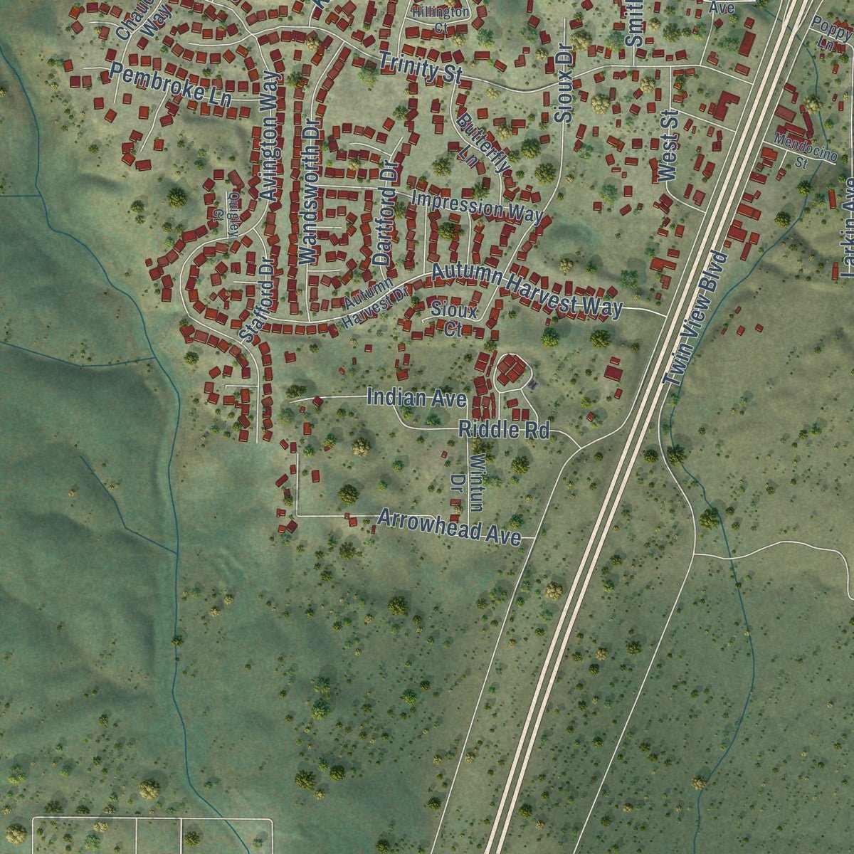 Second close-up of the map of Shasta Lake, California print showing more streets and buildings