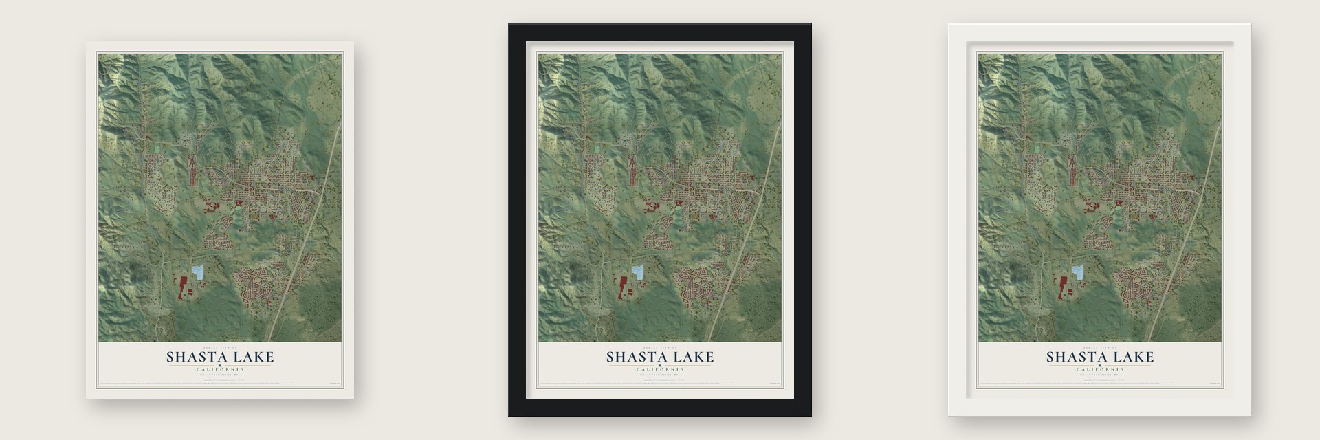 Shasta Lake, California map unframed, in a black wood frame and in a white wood frame