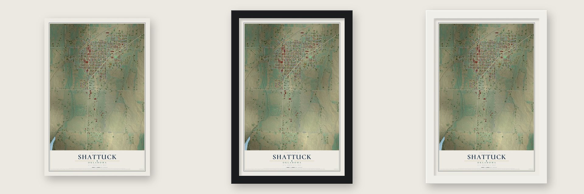 Shattuck, Oklahoma map unframed, in a black wood frame and in a white wood frame