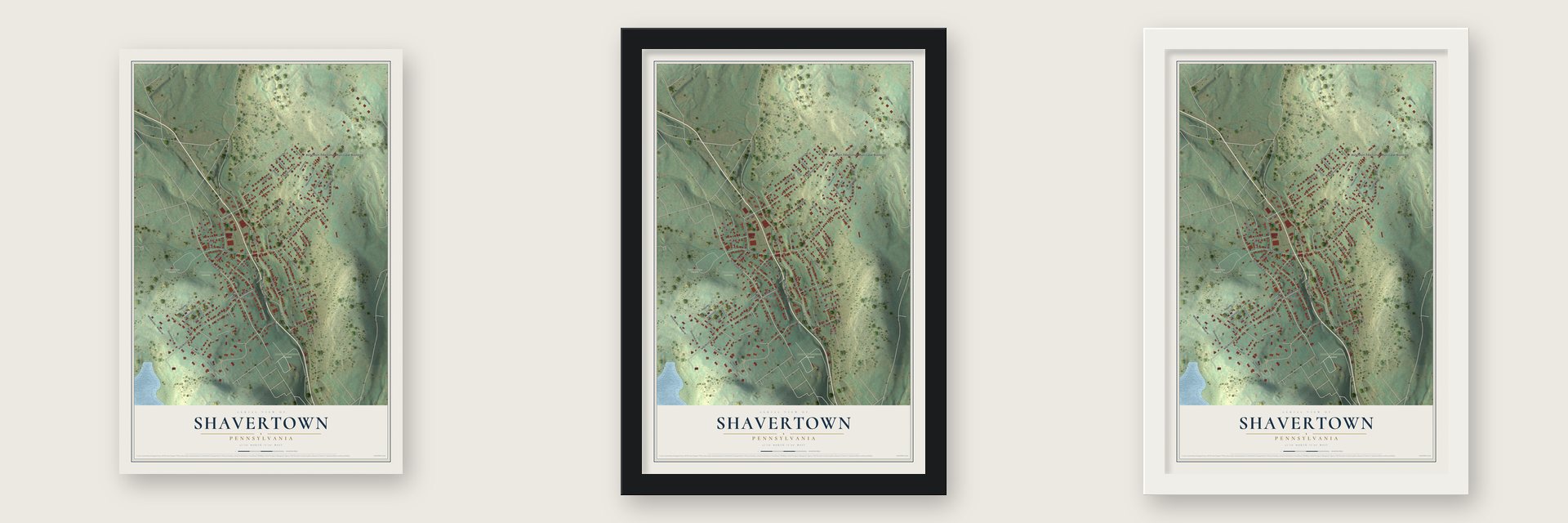 Shavertown, Pennsylvania map unframed, in a black wood frame and in a white wood frame