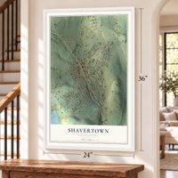 Shavertown, Pennsylvania map, 24 x 36 inch print in a white frame by a staircase
