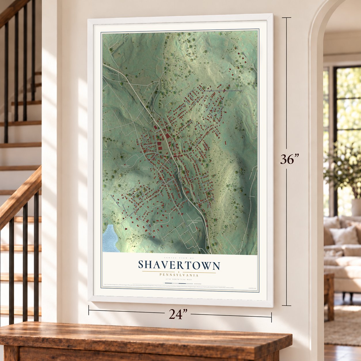 Shavertown, Pennsylvania map, 24 x 36 inch print in a white frame by a staircase