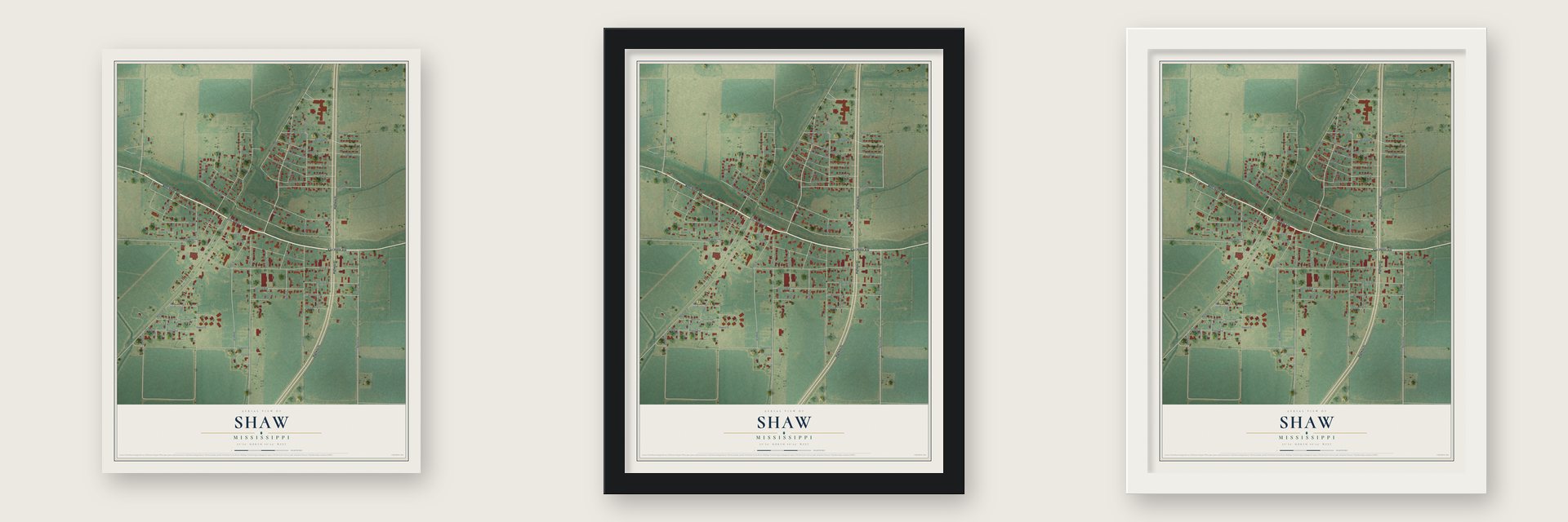 Shaw, Mississippi map unframed, in a black wood frame and in a white wood frame