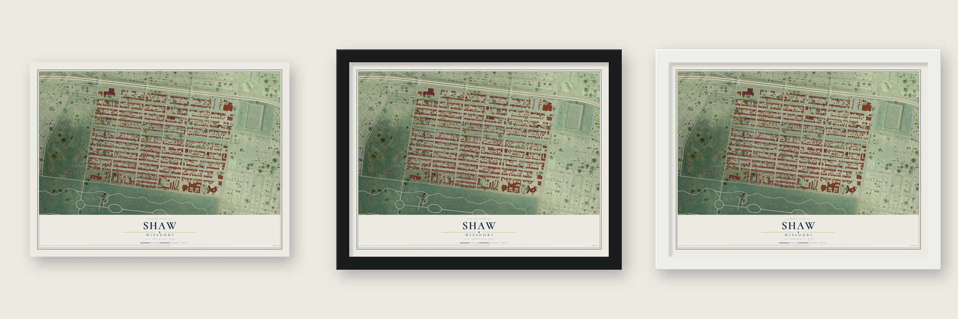 Shaw, Missouri map unframed, in a black wood frame and in a white wood frame