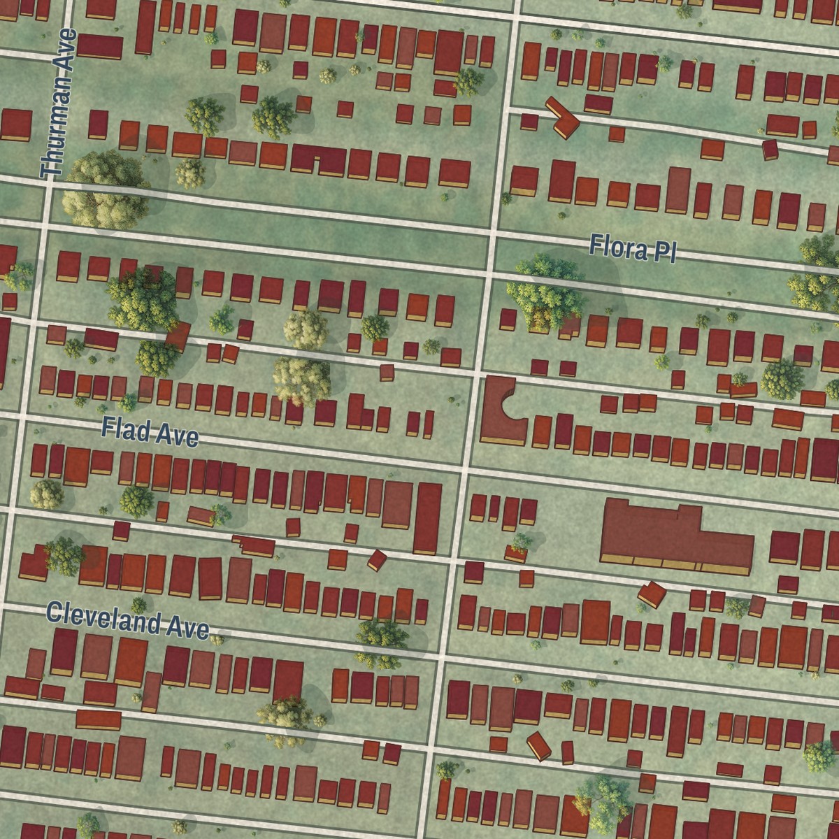 Second close-up of the map of Shaw, Missouri print showing more streets and buildings