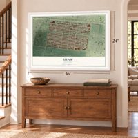 Shaw, Missouri map, 24 x 36 inch print in a white frame above a dresser by a staircase