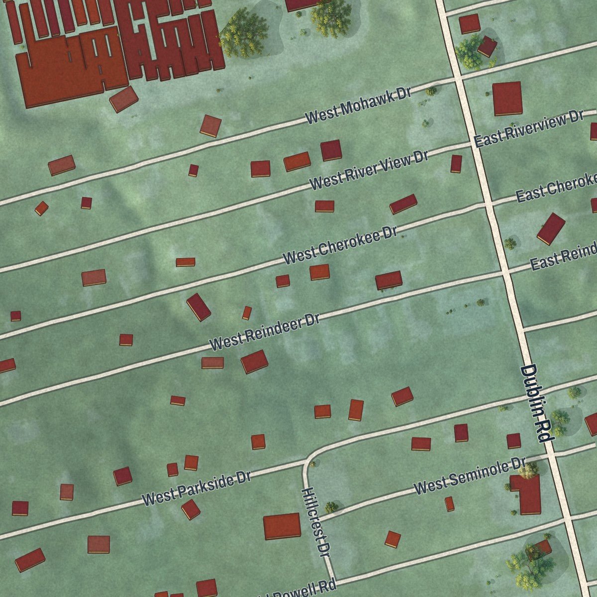 Second close-up of the map of Shawnee Hills, Ohio print showing more streets and buildings
