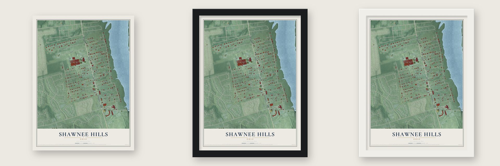 Shawnee Hills, Ohio map unframed, in a black wood frame and in a white wood frame