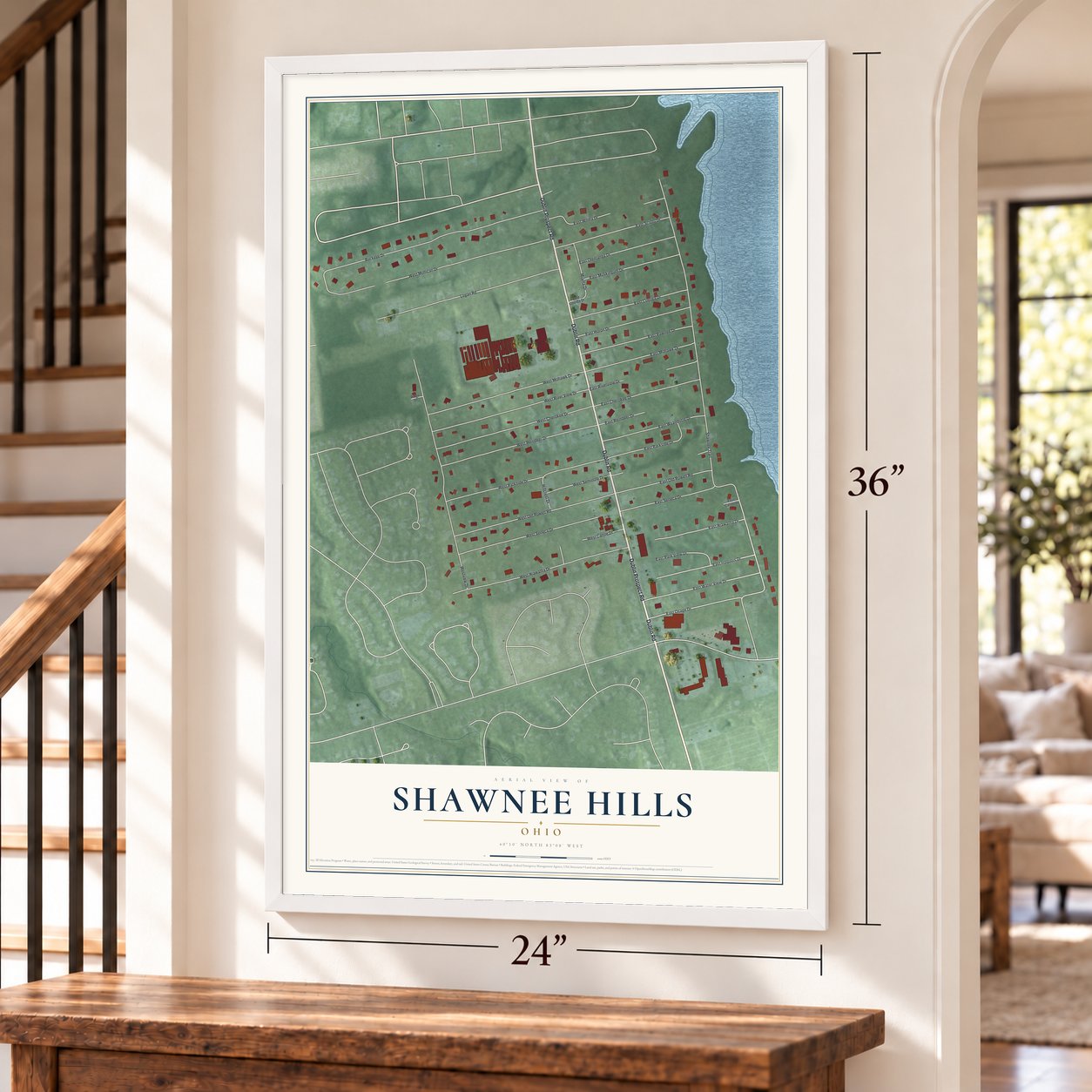 Shawnee Hills, Ohio map, 24 x 36 inch print in a white frame by a staircase