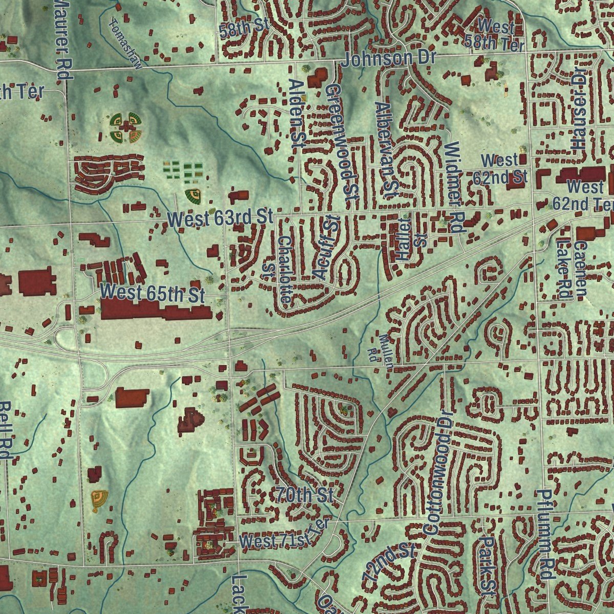 Second close-up of the map of Shawnee, Kansas print showing more streets and buildings