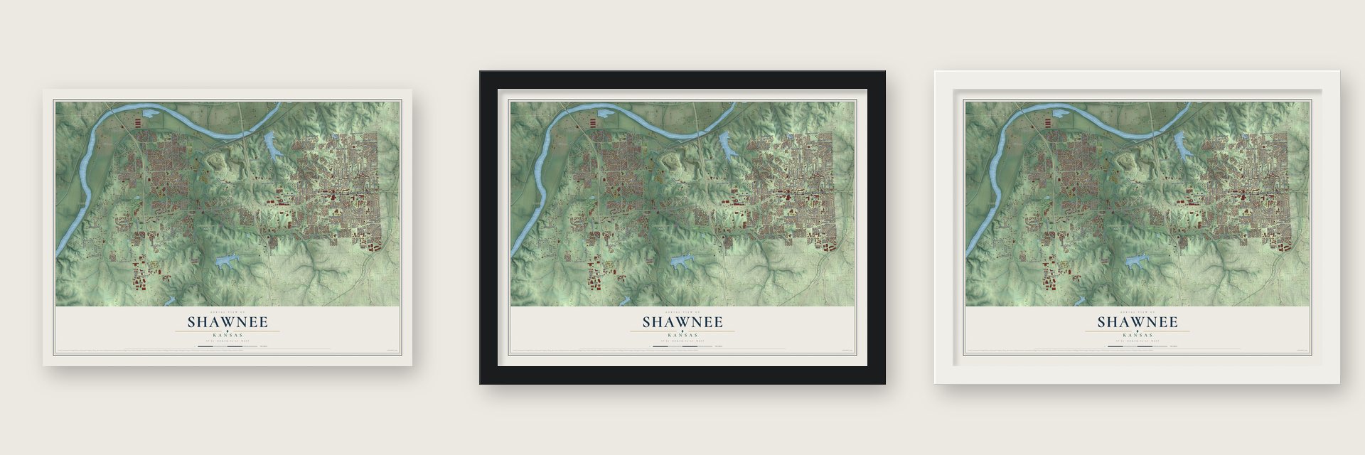 Shawnee, Kansas map unframed, in a black wood frame and in a white wood frame