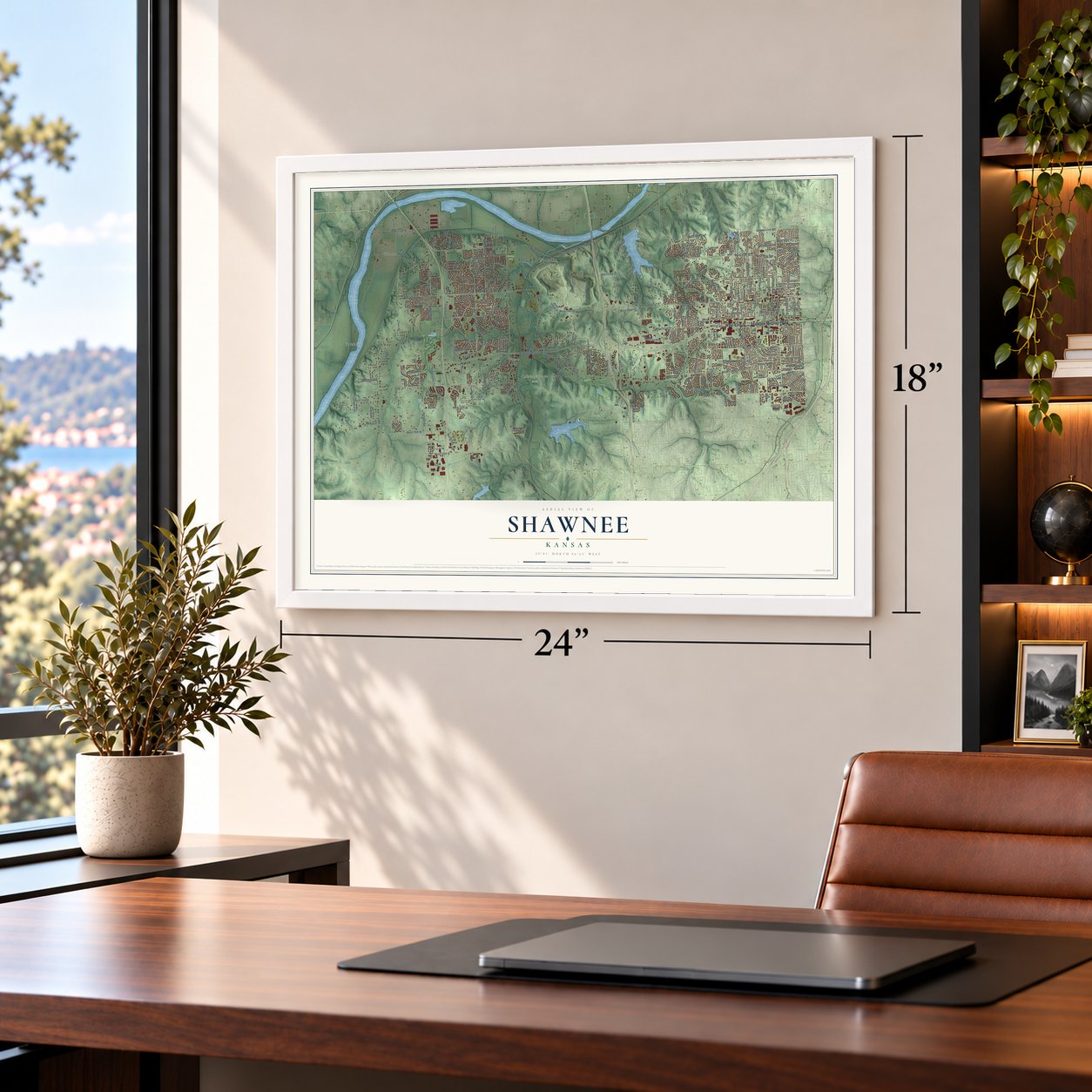 Shawnee, Kansas map, 18 x 24 inch print in a white frame in a home office