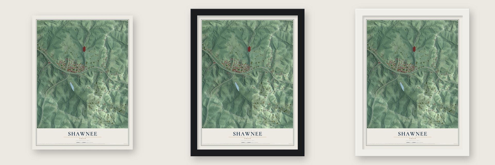Shawnee, Ohio map unframed, in a black wood frame and in a white wood frame