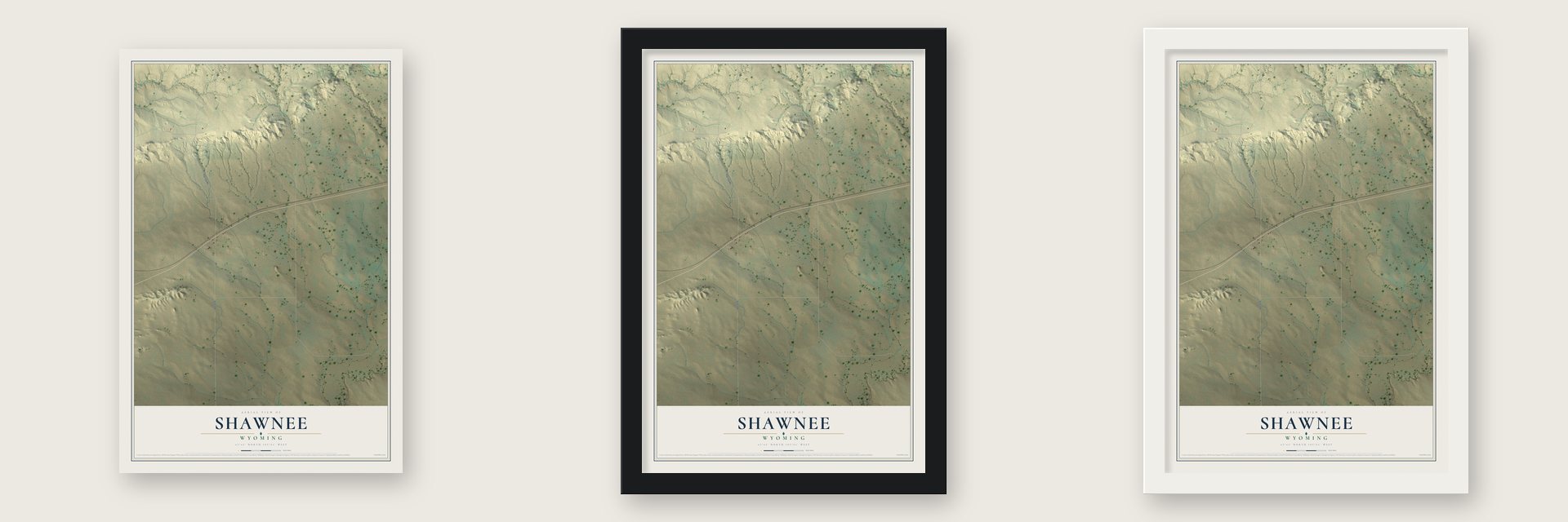 Shawnee, Wyoming map unframed, in a black wood frame and in a white wood frame
