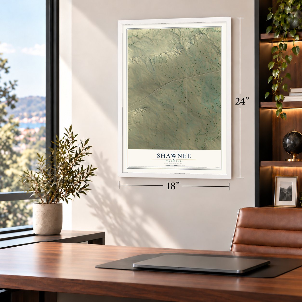 Shawnee, Wyoming map, 18 x 24 inch print in a white frame in a home office
