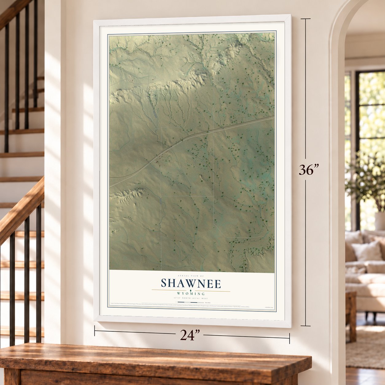 Shawnee, Wyoming map, 24 x 36 inch print in a white frame by a staircase