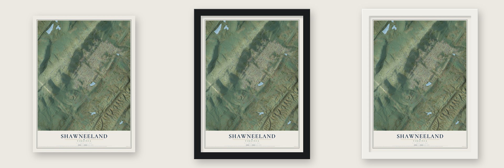 Shawneeland, Virginia map unframed, in a black wood frame and in a white wood frame
