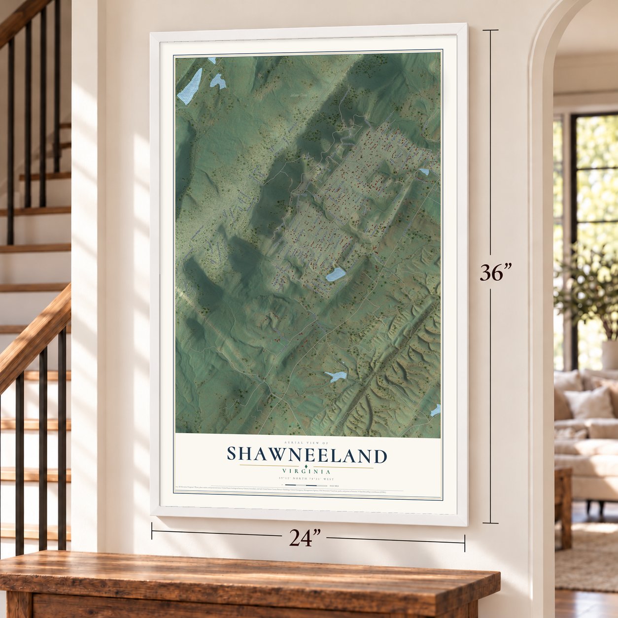 Shawneeland, Virginia map, 24 x 36 inch print in a white frame by a staircase