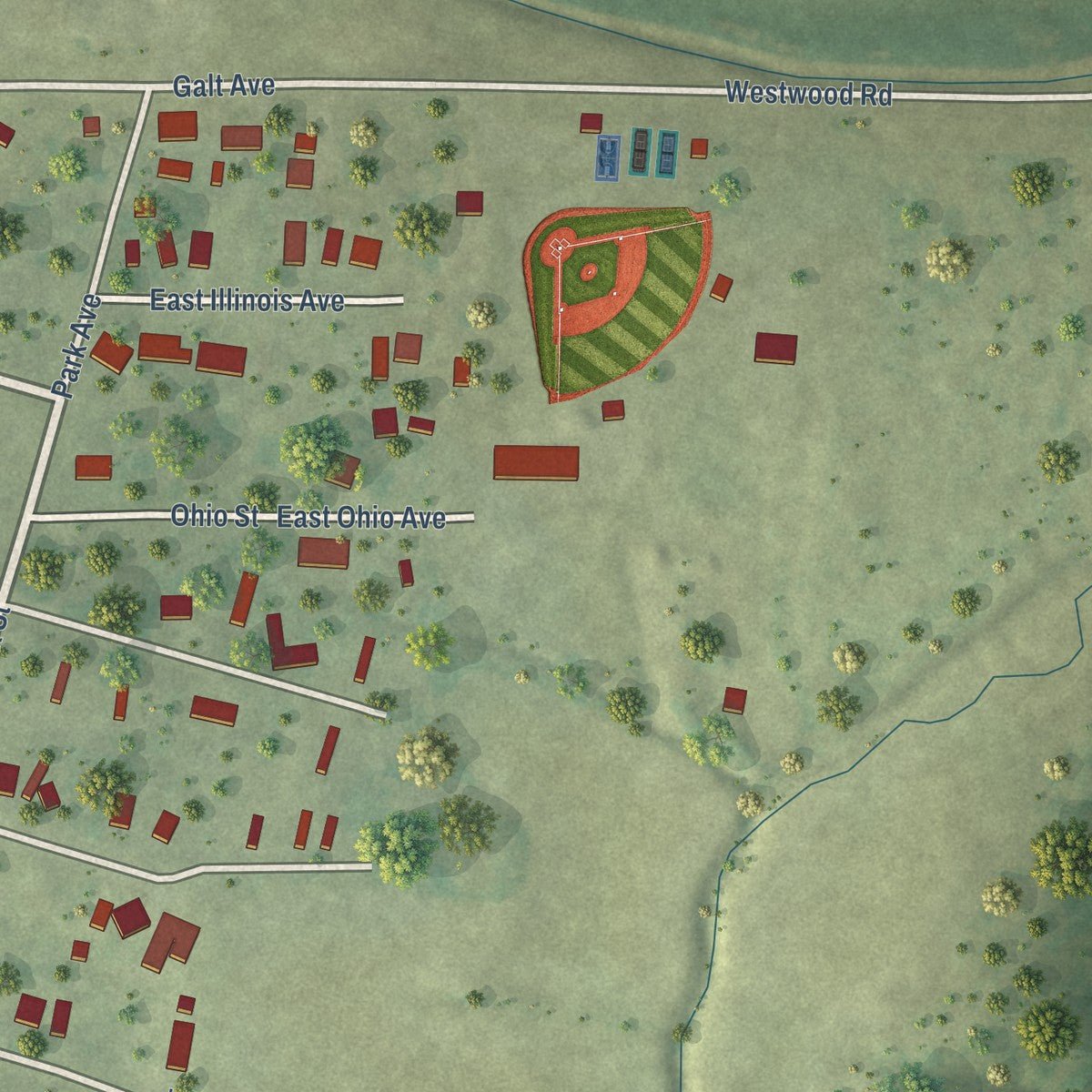 Second close-up of the map of Shawneetown, Illinois print showing more streets and buildings