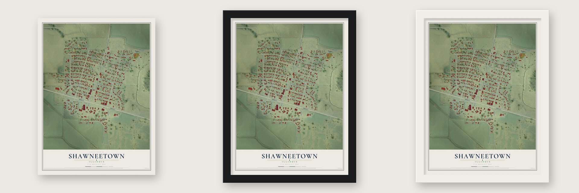 Shawneetown, Illinois map unframed, in a black wood frame and in a white wood frame