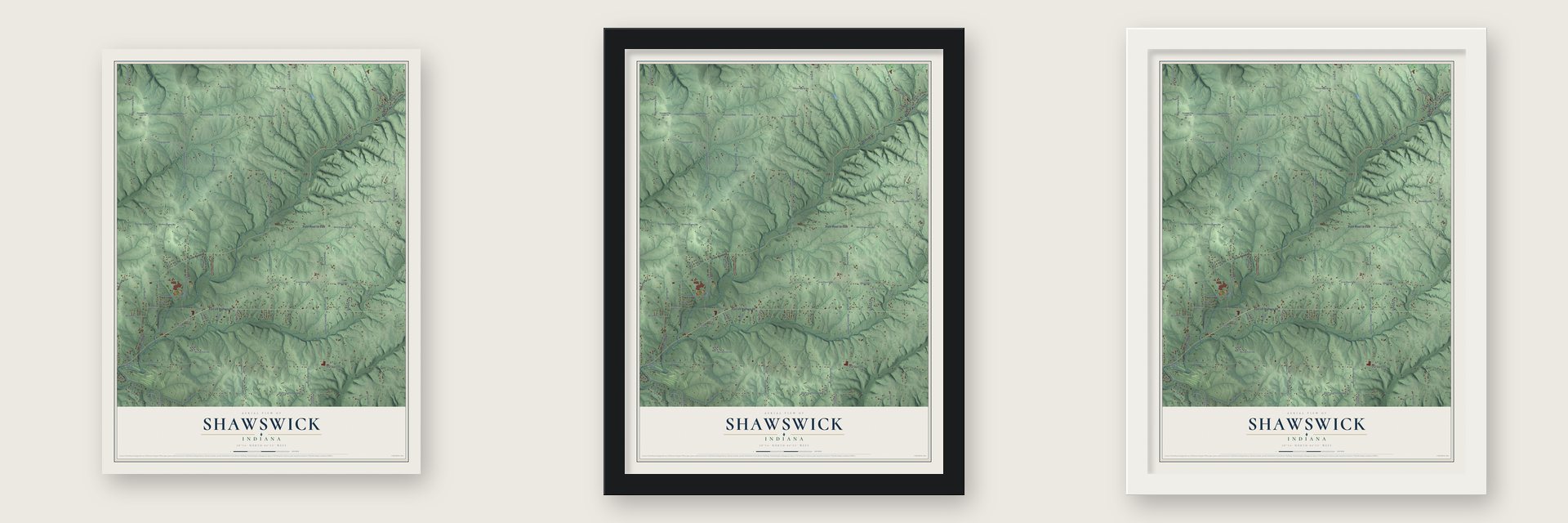 Shawswick, Indiana map unframed, in a black wood frame and in a white wood frame